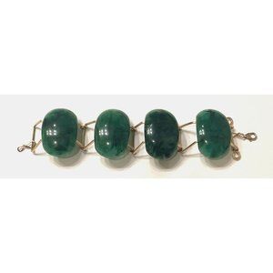 Faux Jade Lucite Cabochon Gold Tone Link Bracelet Mid Century Vintage Modernist